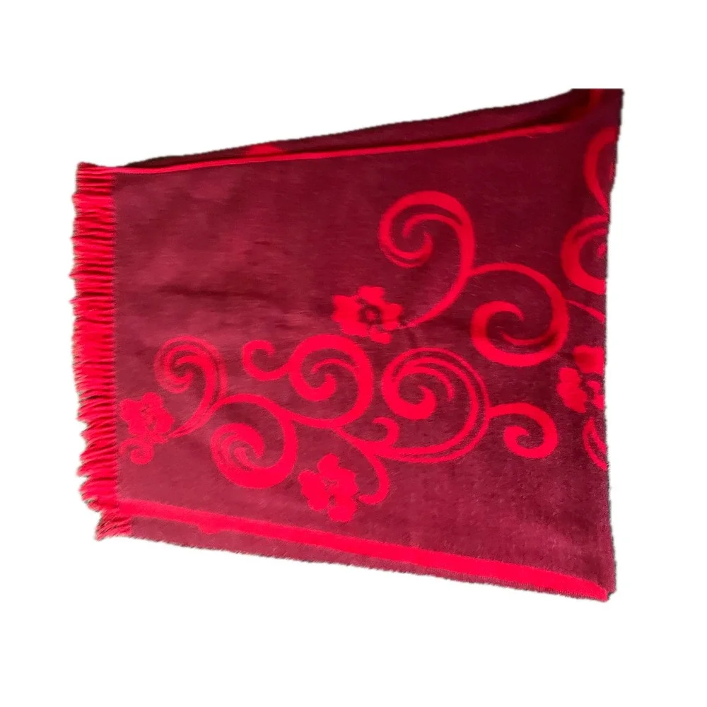 Iraise Red Burgundy Floral Scroll Fringe Poncho Wrap Reversible One Size Fall